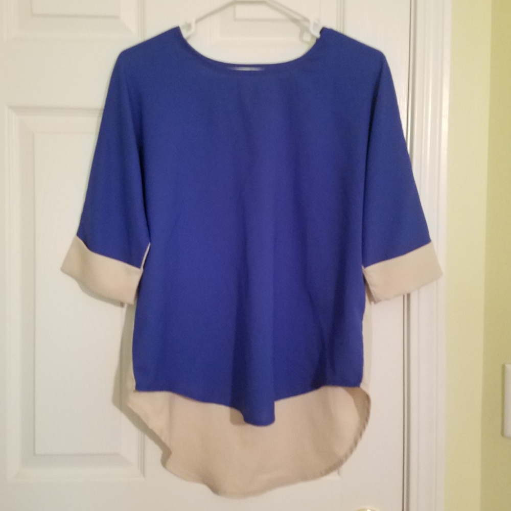 BAYO Blue + Beige Blouse Top Size Small NWOT